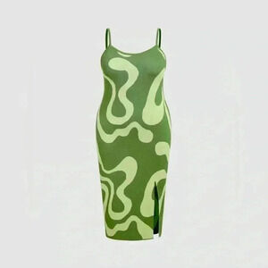 Knit Jersey U-neckline Contrasting Split Midi Dress